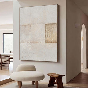 Large Minimalist Abstract Painting – Modern Beige and Cream Grid Canvas Art Hand Painted for Living Room Decor