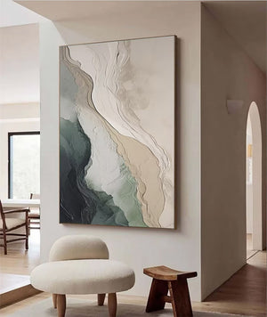 Large Abstract Coastal Landscape Textured Oil Painting Wabi-Sabi Green Beige Canvas Wall Art for Living Room Decor