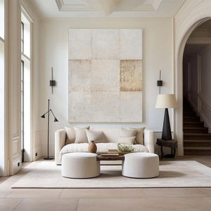 Large Minimalist Abstract Painting – Modern Beige and Cream Grid Canvas Art Hand Painted for Living Room Decor