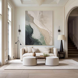 Large Abstract Coastal Landscape Textured Oil Painting Wabi-Sabi Green Beige Canvas Wall Art for Living Room Decor