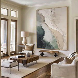 Large Abstract Coastal Landscape Textured Oil Painting Wabi-Sabi Green Beige Canvas Wall Art for Living Room Decor