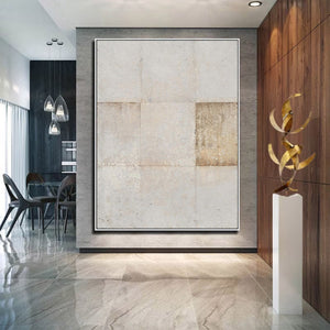 Large Minimalist Abstract Painting – Modern Beige and Cream Grid Canvas Art Hand Painted for Living Room Decor