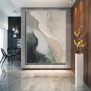 Large Abstract Coastal Landscape Textured Oil Painting Wabi-Sabi Green Beige Canvas Wall Art for Living Room Decor