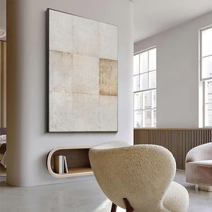 Large Minimalist Abstract Painting – Modern Beige and Cream Grid Canvas Art Hand Painted for Living Room Decor
