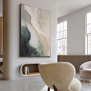 Large Abstract Coastal Landscape Textured Oil Painting Wabi-Sabi Green Beige Canvas Wall Art for Living Room Decor