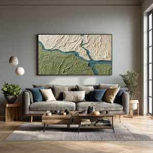 Large Textured River Landscape Oil Painting Green Abstract Canvas Wall Art for Living Room Decor