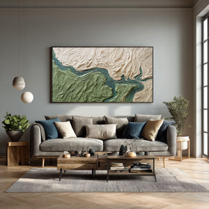 Large Abstract River Oil Painting Textured Green Canvas Wall Art for Contemporary Home Decor
