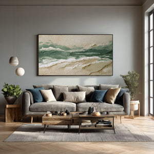 Large Abstract Ocean Wave Oil Painting Textured Green Coastal Canvas Wall Art for Living Room Decor