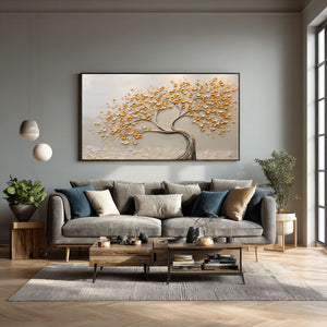 Large Wabi-Sabi Textured Golden Tree of Life Canvas Wall Art Textured Oil Painting for Entryway & Bedroom Decor