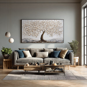 Large Tree of Life Oil Painting Textured White Tree Canvas Wall Art for Living Room Decor
