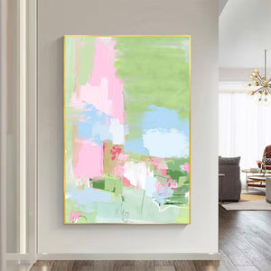 Large Modern Abstract Pink Green Floral Textured Canvas Art Colorful Painting for Home & Office Decor