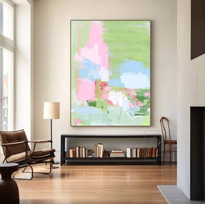 Large Modern Abstract Pink Green Floral Textured Canvas Art Colorful Painting for Home & Office Decor