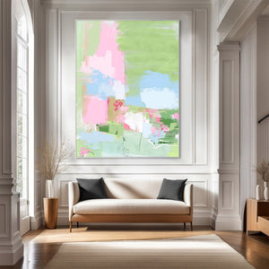 Large Modern Abstract Pink Green Floral Textured Canvas Art Colorful Painting for Home & Office Decor