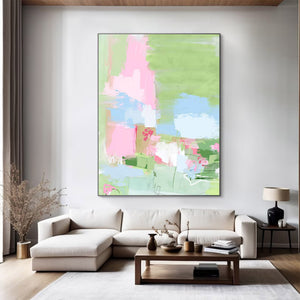 Large Modern Abstract Pink Green Floral Textured Canvas Art Colorful Painting for Home & Office Decor