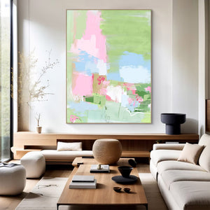 Large Modern Abstract Pink Green Floral Textured Canvas Art Colorful Painting for Home & Office Decor