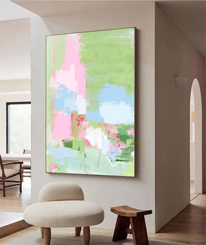 Large Modern Abstract Pink Green Floral Textured Canvas Art Colorful Painting for Home & Office Decor