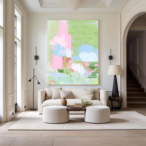 Large Modern Abstract Pink Green Floral Textured Canvas Art Colorful Painting for Home & Office Decor