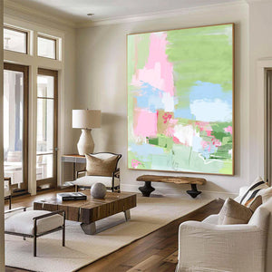 Large Modern Abstract Pink Green Floral Textured Canvas Art Colorful Painting for Home & Office Decor
