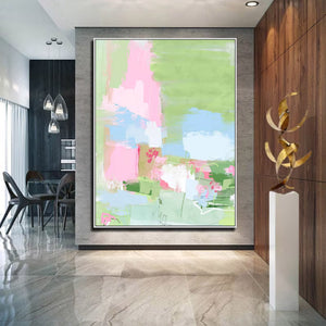Large Modern Abstract Pink Green Floral Textured Canvas Art Colorful Painting for Home & Office Decor