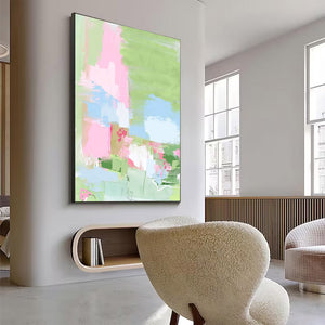 Large Modern Abstract Pink Green Floral Textured Canvas Art Colorful Painting for Home & Office Decor