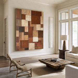 Large Contemporary Patchwork Abstract Canvas Wall Art Terracotta Earth Tone Painting for Home Decor
