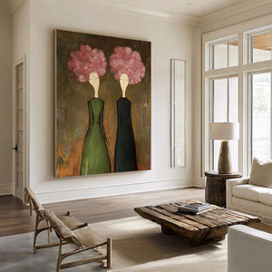 Large Modern Floral Portrait Oil Painting on Canvas Textured Wall Art for Living Room Decor
