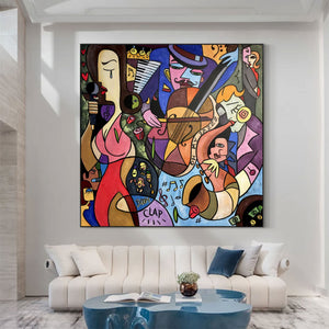Large Picasso Style Jazz Music Canvas Wall Art Modern Colorful Cubist Painting for Living Room Decor