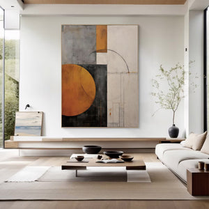 Large Modern Geometric Canvas Wall Art | Minimalist Orange and Grey Abstract Painting for Living Room