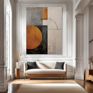 Large Modern Geometric Canvas Wall Art | Minimalist Orange and Grey Abstract Painting for Living Room