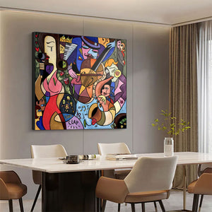 Large Picasso Style Jazz Music Canvas Wall Art Modern Colorful Cubist Painting for Living Room Decor