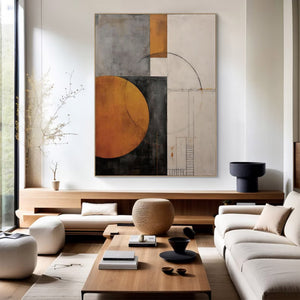 Large Modern Geometric Canvas Wall Art | Minimalist Orange and Grey Abstract Painting for Living Room