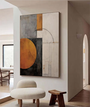 Large Modern Geometric Canvas Wall Art | Minimalist Orange and Grey Abstract Painting for Living Room