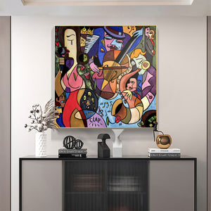 Large Picasso Style Jazz Music Canvas Wall Art Modern Colorful Cubist Painting for Living Room Decor