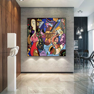 Large Picasso Style Jazz Music Canvas Wall Art Modern Colorful Cubist Painting for Living Room Decor