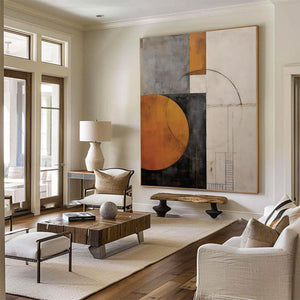 Large Modern Geometric Canvas Wall Art | Minimalist Orange and Grey Abstract Painting for Living Room