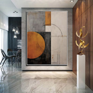Large Modern Geometric Canvas Wall Art | Minimalist Orange and Grey Abstract Painting for Living Room