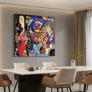 Large Picasso Style Jazz Music Canvas Wall Art Modern Colorful Cubist Painting for Living Room Decor