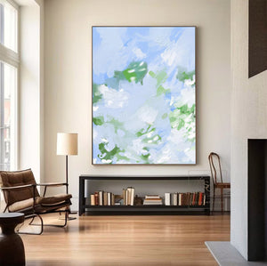 Large Abstract Green Blue Sky Textured Oil Painting #VRA 137