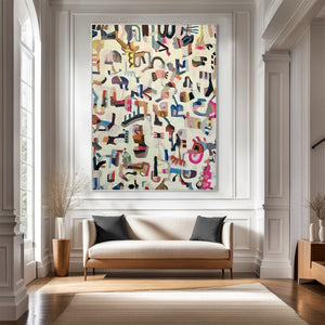 Large Modern Abstract Painting – Contemporary Hand Painted Multi-Color Symbolic Canvas Art for Stylish Home Decor