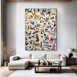 Large Modern Abstract Painting – Contemporary Hand Painted Multi-Color Symbolic Canvas Art for Stylish Home Decor