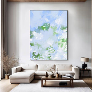 Large Abstract Green Blue Sky Textured Oil Painting #VRA 137