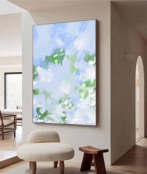Large Abstract Green Blue Sky Textured Oil Painting #VRA 137