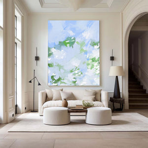 Large Abstract Green Blue Sky Textured Oil Painting #VRA 137