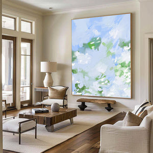 Large Abstract Green Blue Sky Textured Oil Painting #VRA 137