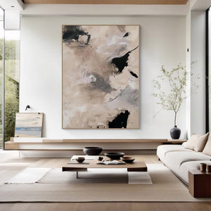 Large Abstract Painting – Modern Beige and Black Canvas Art Hand Painted for Living Room Decor