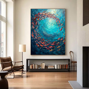 Large Abstract Underwater Fish Vortex Textured Canvas Art Colorful Ocean Painting for Home & Office Decor