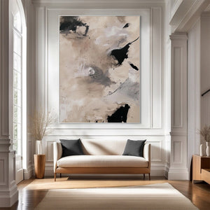 Large Abstract Painting – Modern Beige and Black Canvas Art Hand Painted for Living Room Decor