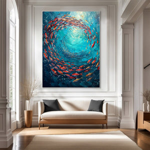 Large Abstract Underwater Fish Vortex Textured Canvas Art Colorful Ocean Painting for Home & Office Decor