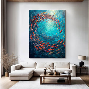Large Abstract Underwater Fish Vortex Textured Canvas Art Colorful Ocean Painting for Home & Office Decor
