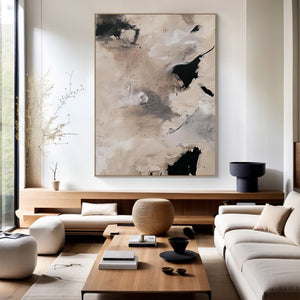 Large Abstract Painting – Modern Beige and Black Canvas Art Hand Painted for Living Room Decor